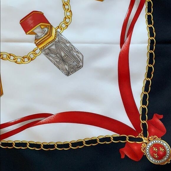 Vtg poly satin scarf w bottles, chains and jewels - Picture 2 of 5